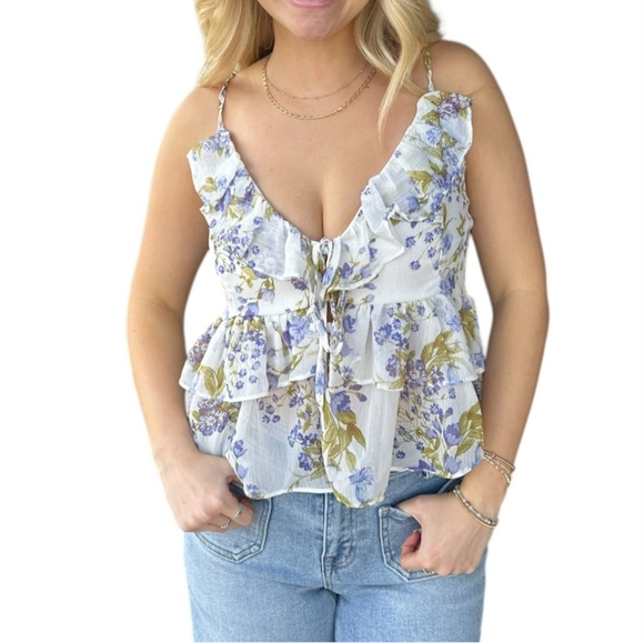 Love Tree Tops - Love Tree Floral Ruffle Camisole in Blue and Green